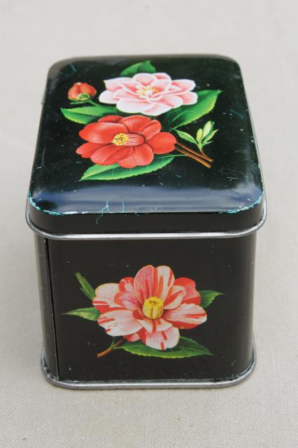 photo of tiny vintage tea tin w/ camellia flowers, floral print metal box tea canister #2