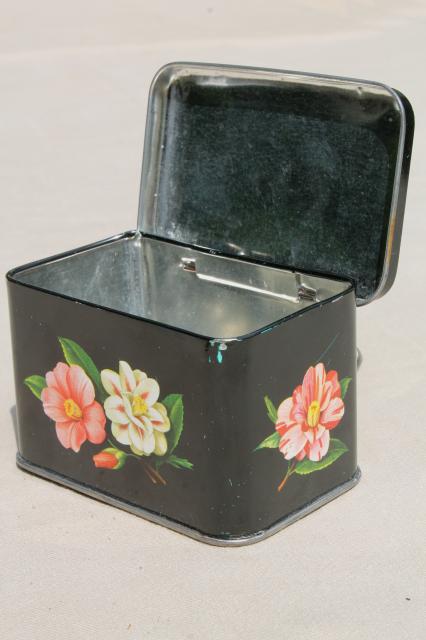 photo of tiny vintage tea tin w/ camellia flowers, floral print metal box tea canister #3