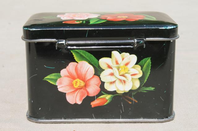 photo of tiny vintage tea tin w/ camellia flowers, floral print metal box tea canister #4