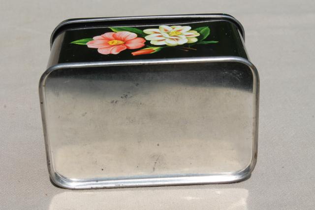 photo of tiny vintage tea tin w/ camellia flowers, floral print metal box tea canister #6