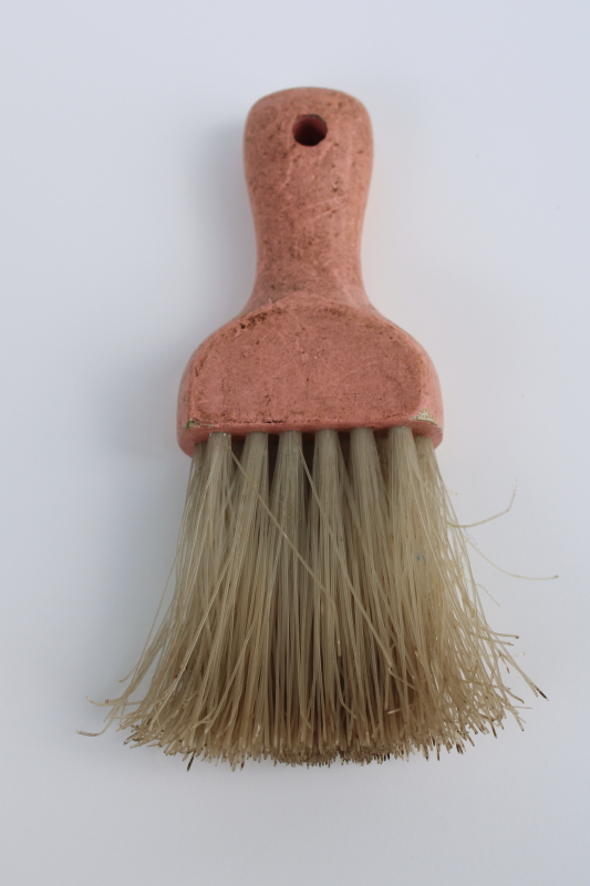 photo of tiny vintage whisk broom brush w/ weathered old pink paint wood handle  #1