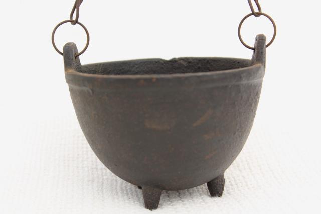 photo of tiny witch cauldron pot, 1970s vintage cast iron kettle plant pot hanger #3