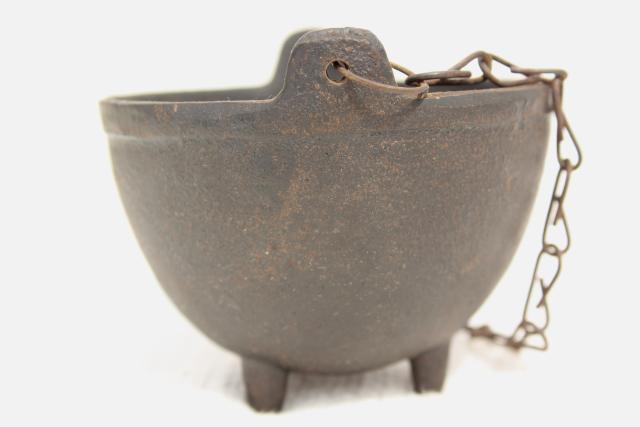 photo of tiny witch cauldron pot, 1970s vintage cast iron kettle plant pot hanger #6
