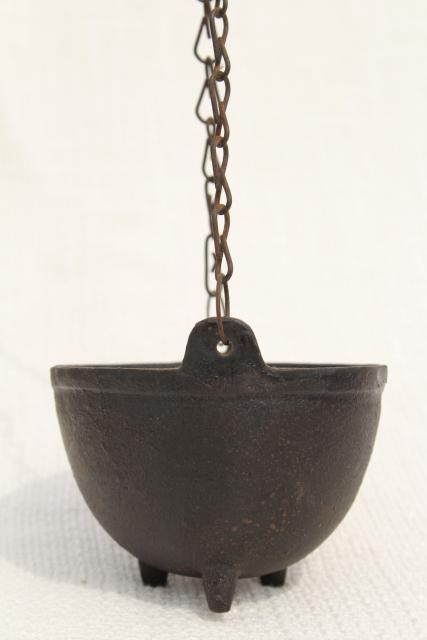 photo of tiny witch cauldron pot, 1970s vintage cast iron kettle plant pot hanger #7