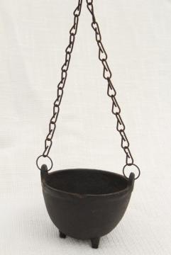 catalog photo of tiny witch cauldron pot, 1970s vintage cast iron kettle plant pot hanger