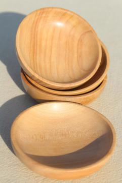 catalog photo of tiny wood bowls made in Japan, set of vintage condiment dishes for dipping sauces etc.