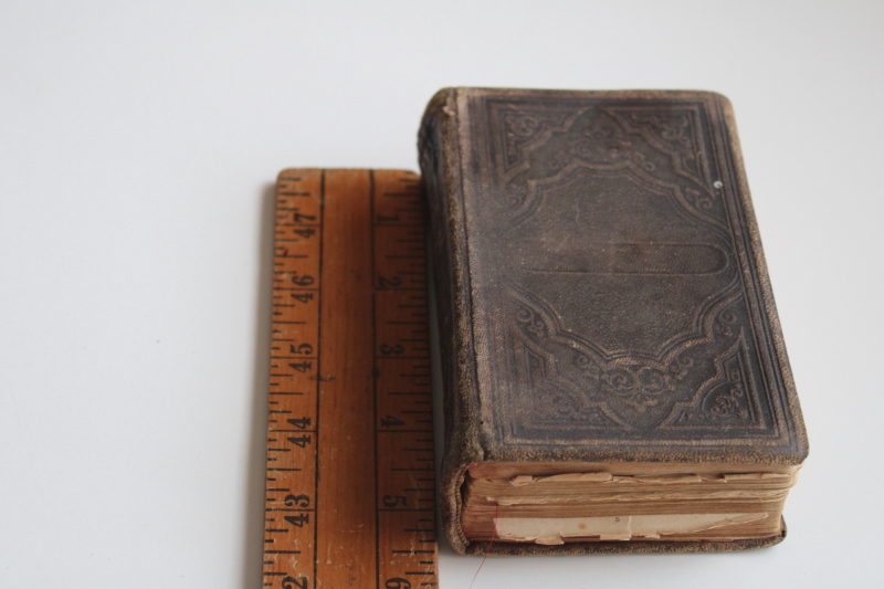 photo of tiny worn black leather bound book, German gothic font religious book 1800s vintage #2