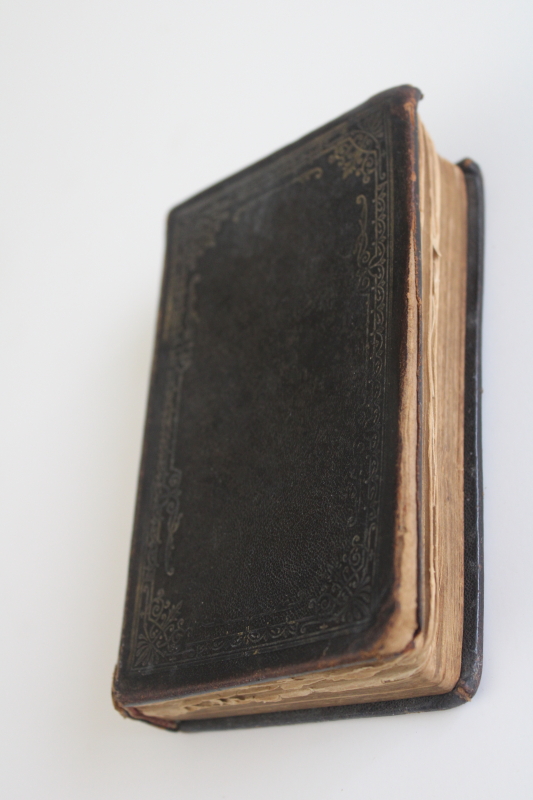 photo of tiny worn black leather bound book, German gothic font religious book 1800s vintage  #2