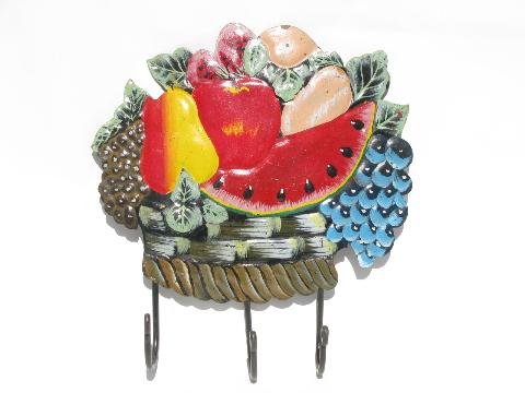 photo of tole metal painted fruit basket wall plaque hanger w/ coat hanging hooks #1