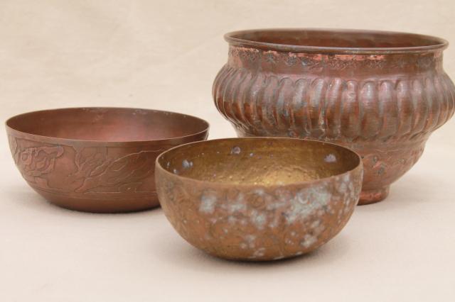 photo of tooled copper and brass bowls, vintage planter pots w/ tarnished old patina #1