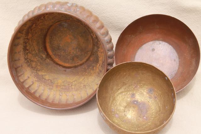 photo of tooled copper and brass bowls, vintage planter pots w/ tarnished old patina #2