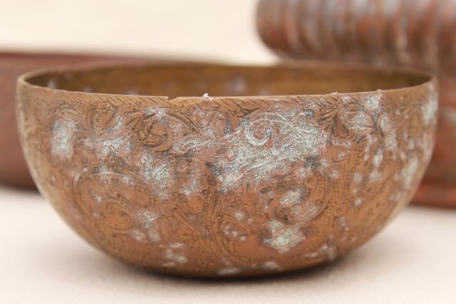 photo of tooled copper and brass bowls, vintage planter pots w/ tarnished old patina #3