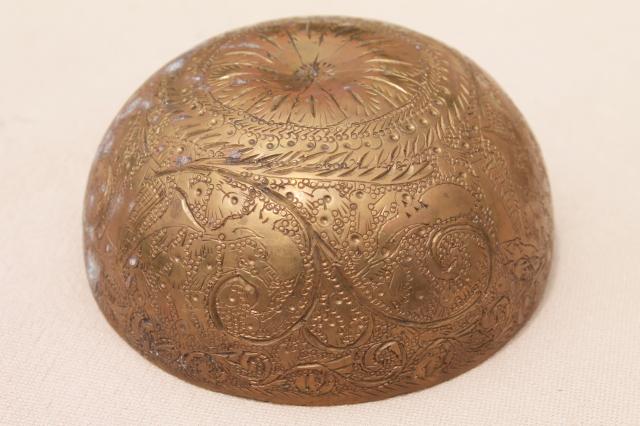 photo of tooled copper and brass bowls, vintage planter pots w/ tarnished old patina #4