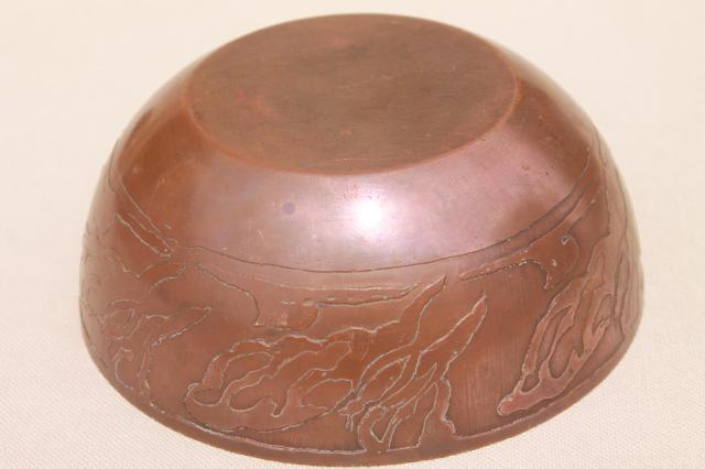 photo of tooled copper and brass bowls, vintage planter pots w/ tarnished old patina #6