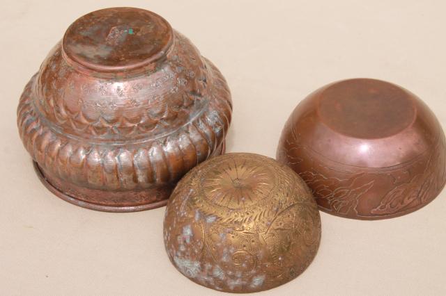 photo of tooled copper and brass bowls, vintage planter pots w/ tarnished old patina #9