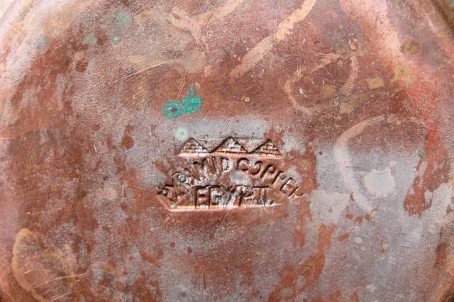 photo of tooled copper and brass bowls, vintage planter pots w/ tarnished old patina #10