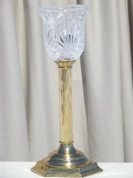 catalog photo of torchiere table lamp, brass column candlestick w/ pressed glass shade