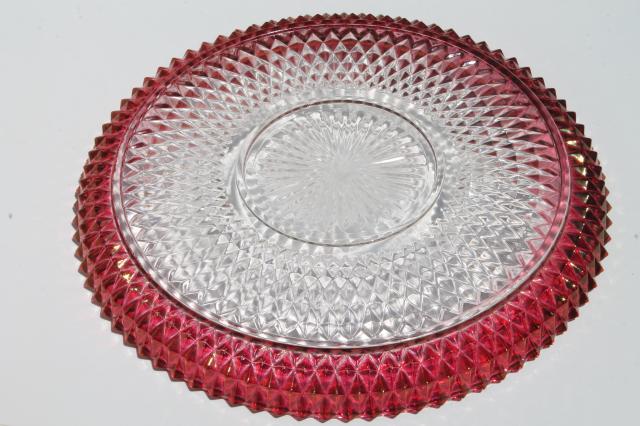 photo of torte cake plate or platter w/ bowl, Indiana glass diamond point ruby stain flashed color band #2