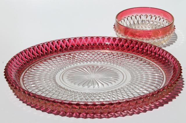 photo of torte cake plate or platter w/ bowl, Indiana glass diamond point ruby stain flashed color band #3