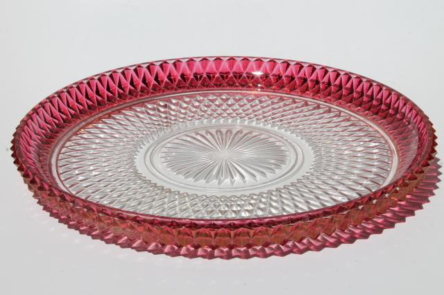 photo of torte cake plate or platter w/ bowl, Indiana glass diamond point ruby stain flashed color band #8