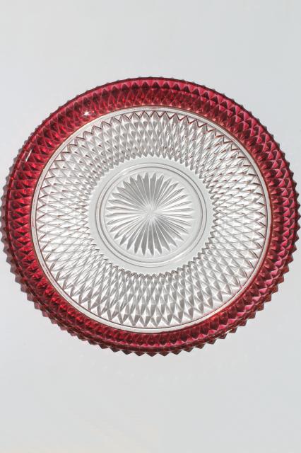 photo of torte cake plate or platter w/ bowl, Indiana glass diamond point ruby stain flashed color band #9
