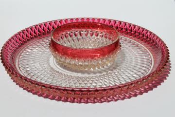 catalog photo of torte cake plate or platter w/ bowl, Indiana glass diamond point ruby stain flashed color band