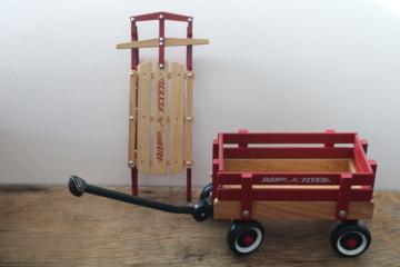 catalog photo of toy Radio Flyer wagon & sled, wood & metal realistic models doll size replicas 