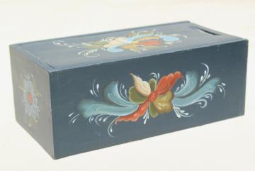 catalog photo of traditional Norwegian rosemaling, hand painted artist signed wood box