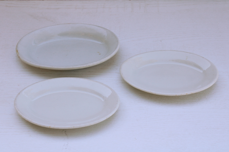 photo of trio of antique vintage white ironstone china butter plates, oval shape mini platters stack  #7