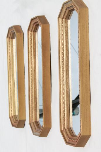 photo of trio of gold framed mirrors, vintage 60s wall art set, long narrow mirror grouping #2