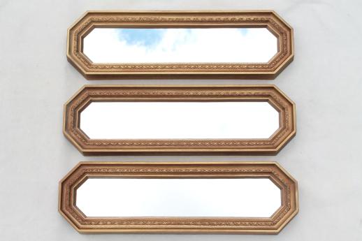 photo of trio of gold framed mirrors, vintage 60s wall art set, long narrow mirror grouping #6