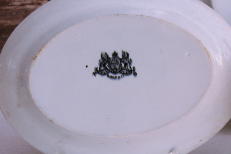 photo of trio of heavy white ironstone china platters vintage English backstamps, stack of chunky oval plates #6