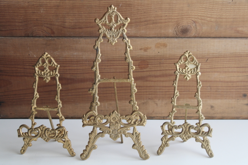 photo of trio of solid brass easel stands, ornate vintage easels to display prints, cards or signs, photos #1