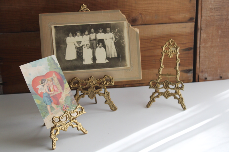 photo of trio of solid brass easel stands, ornate vintage easels to display prints, cards or signs, photos #2