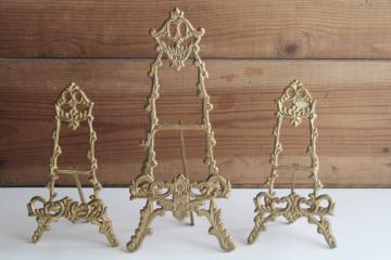 catalog photo of trio of solid brass easel stands, ornate vintage easels to display prints, cards or signs, photos