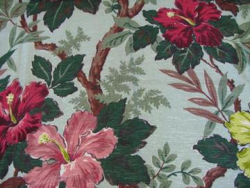 catalog photo of tropical hibiscus print, vintage 1940s - 50s rayon barkcloth fabric