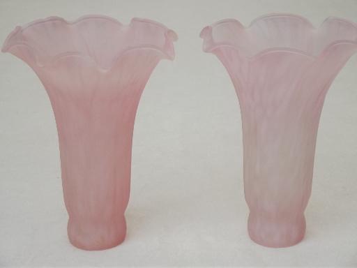 photo of tulip pink glass trumpet shades, vintage replacement shades pair  #2