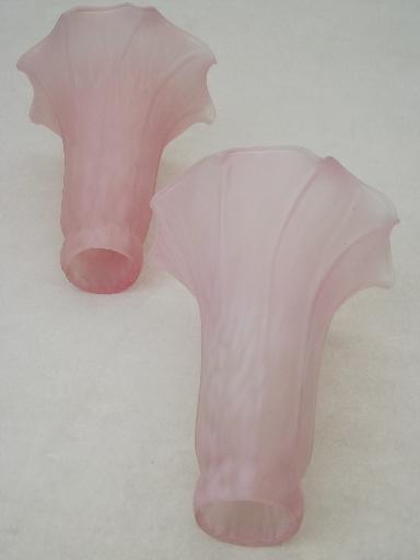 photo of tulip pink glass trumpet shades, vintage replacement shades pair  #5