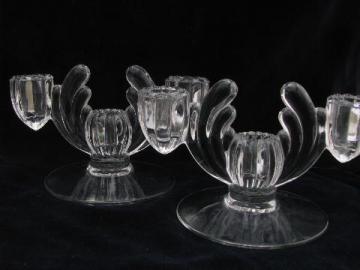 catalog photo of tulip shape candlesticks vintage glass candleabra, pair branched candle holders