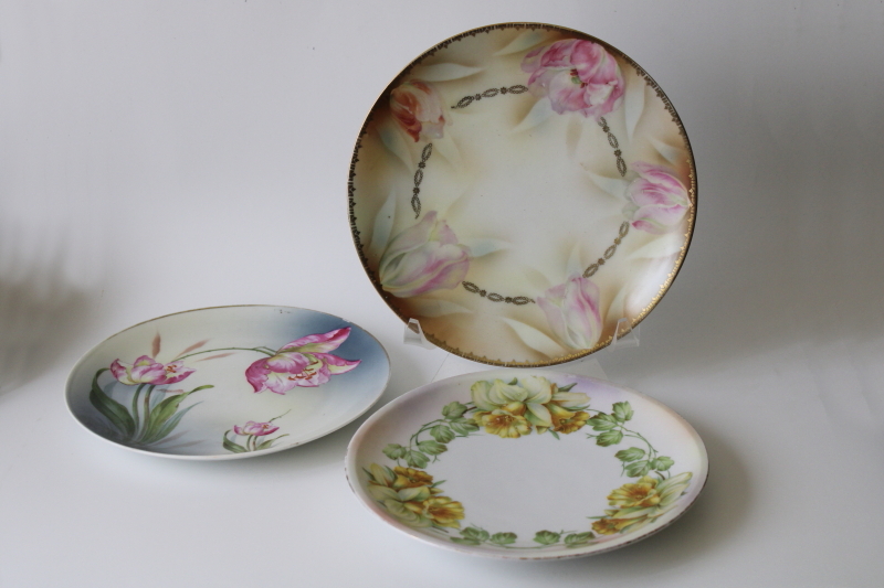 photo of tulips & daffodils mismatched vintage china plates, hand painted florals spring flowers #1