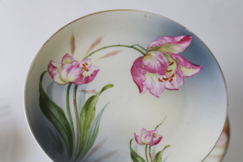 photo of tulips & daffodils mismatched vintage china plates, hand painted florals spring flowers #8