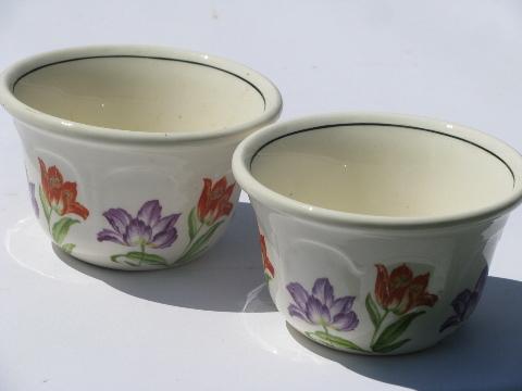 photo of tulips vintage 1940s oven proof pottery custard cups, Harker HotOven #1