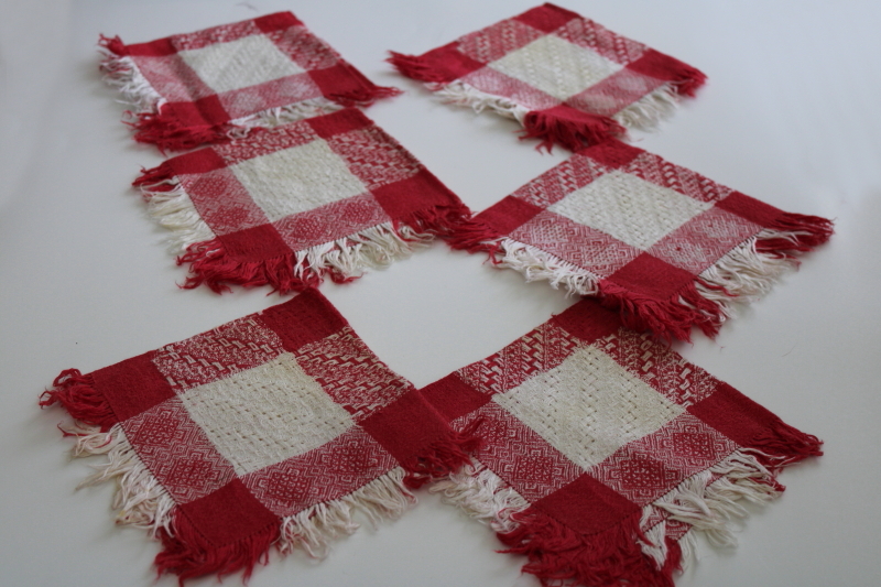 photo of turkey red & white jacquard cotton napkins set, stained antique vintage fabric #1