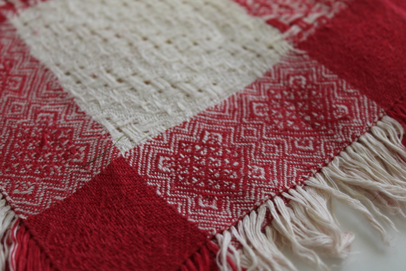 photo of turkey red & white jacquard cotton napkins set, stained antique vintage fabric #2