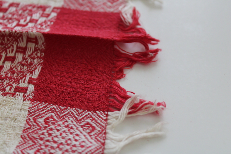 photo of turkey red & white jacquard cotton napkins set, stained antique vintage fabric #4