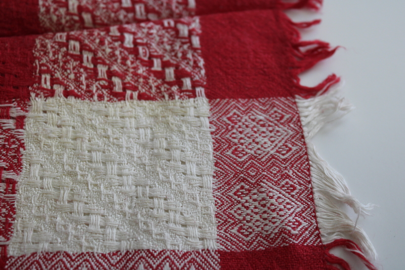 photo of turkey red & white jacquard cotton napkins set, stained antique vintage fabric #5