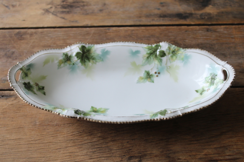 photo of turn of the century antique RS Prussia china dish, woodland leaves hand painted oval celery tray #1
