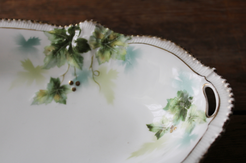 photo of turn of the century antique RS Prussia china dish, woodland leaves hand painted oval celery tray  #2