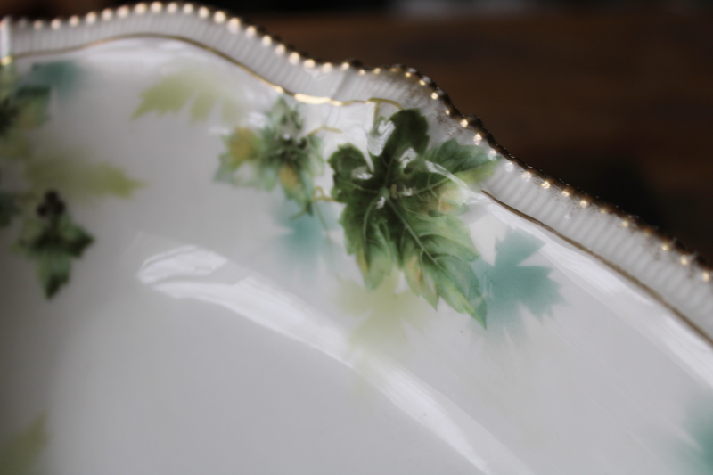 photo of turn of the century antique RS Prussia china dish, woodland leaves hand painted oval celery tray  #7