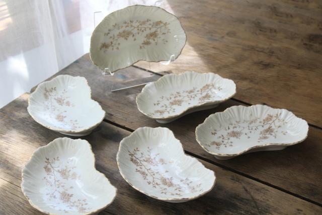 photo of turn of the century vintage Austria china bone dishes, crescent shape side plates set #7